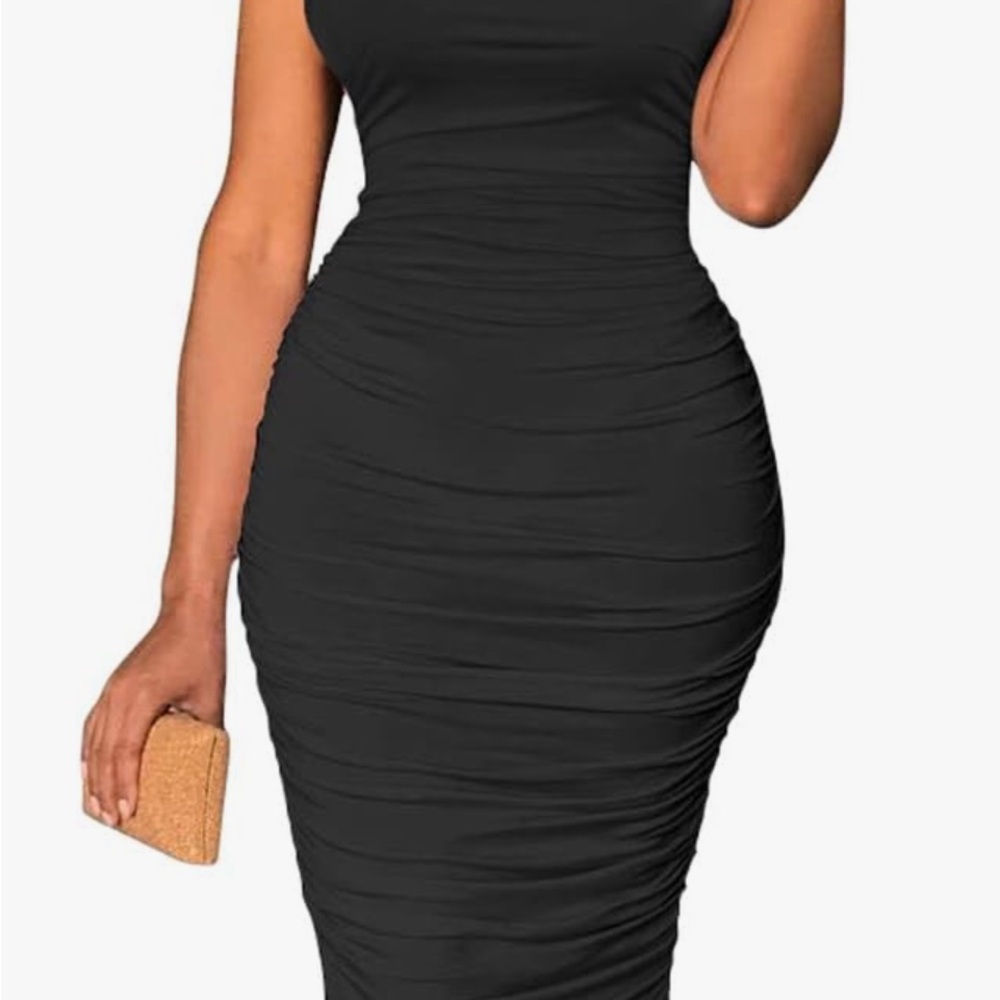 Elegant Black Ruched Midi Dress